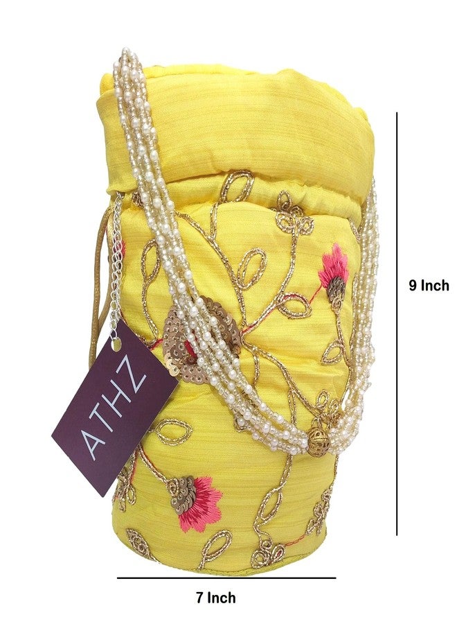 ATHZ Potli bags Yellow Damru Potli Handbags for Women Golden Sippy Work Gifting Wristlets For Wedding | Festival | Kitty For Women - Image 3